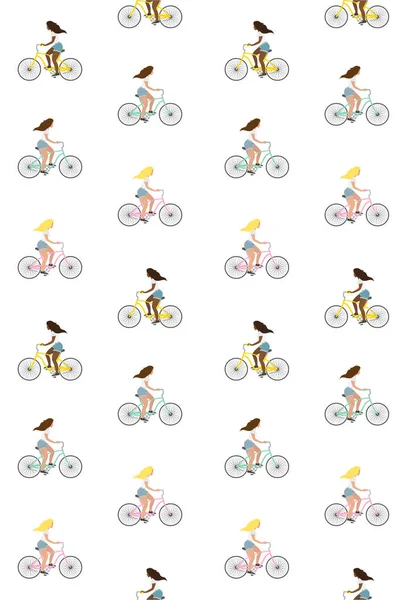 Векторний Безшовний Візерунок Дівчини Плоским Мультфільмом Їде Велосипеді Ізольовано Білому — стоковий вектор