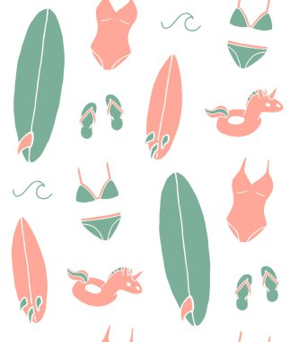 Farklı el çizimlerinin vektör desenleri çizimleri plaj sörfü, mayo ve beyaz arka planda izole edilmiş aksesuarlar.