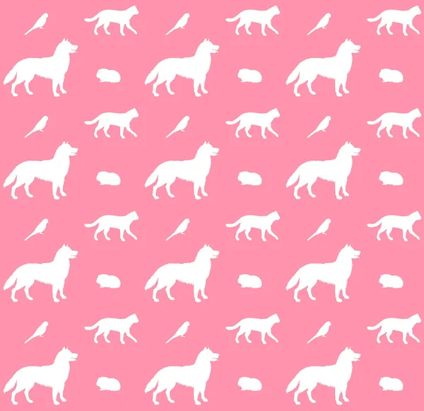 ピンクの背景に隔離された白いスケッチペット動物のシルエットのベクトルシームレスパターン — ストックベクタ