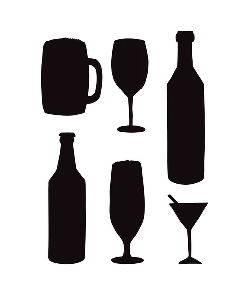 Pakiet Wektorowy Ręcznie Rysowane Szkice Doodle Różnych Butelek Alkoholu Szklanek — Wektor stockowy
