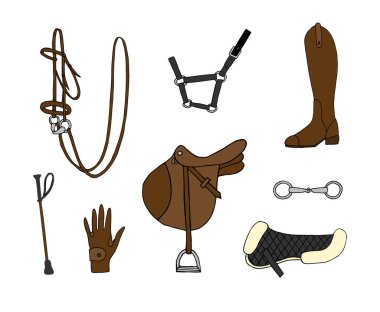 Vektör kümesi el çizimi karalama çizimi beyaz arka planda izole edilmiş renkli binicilik ekipmanları