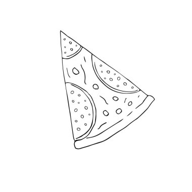 Vektör el çizimi çizimi, beyaz arka planda izole edilmiş pepperonili pizza dilimi.