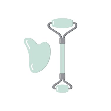 Vektör düz çizgi film nane yeşili taş yüz masajı Roller ve Gua Sha Set beyaz arka planda izole