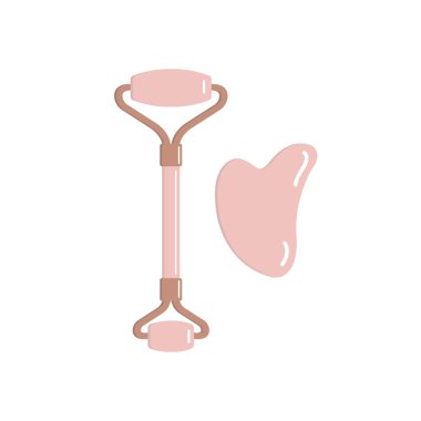 Vektör düz çizgi film pembe gül kuvars yüz masajı Roller ve Gua Sha Set beyaz arka planda izole