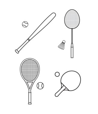 Düz hatlı vektör demeti beyaz arkaplanda izole edilmiş farklı spor ekipmanları