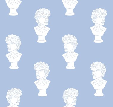 Beyaz elin kusursuz desenli çizimi. Mavi arka planda izole edilmiş antik adam büstü heykeli.