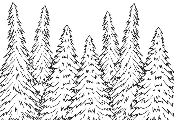 Bosque Abeto Dibujado Mano Garabatos Vectorial Aislado Sobre Fondo Blanco — Vector de stock