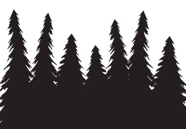 Vektör el çizimi. Beyaz arka planda izole edilmiş siyah ladin ağacı orman silueti çizimi.