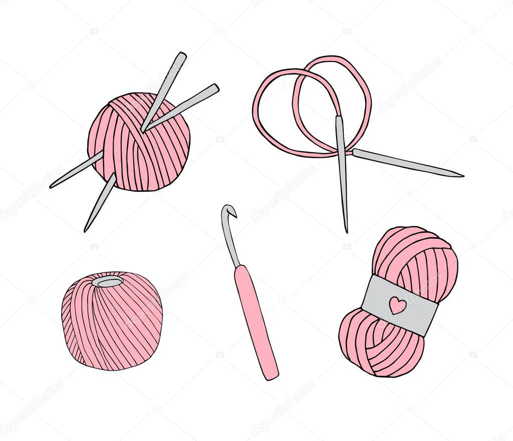 Vector hand drawn doodle sketch set bundle of pink knitting accessories threads and needles isolated on white background