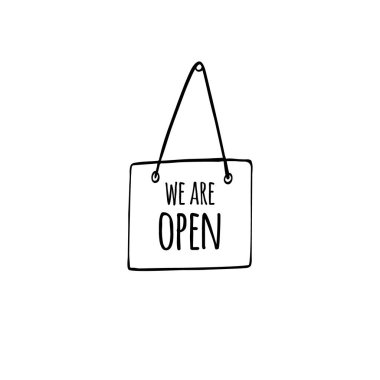 Vektör el karalama kapı isim levhası ile biz beyaz arkaplanda izole açık metin