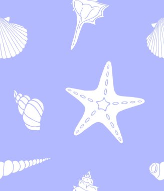 Beyaz elin vektörsüz deseni çizim kabuğu ve mavi arkaplanda izole edilmiş deniz yıldızları.