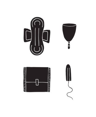 Kadın hijyen seti. Aylık dergilerin el çizimi karikatür koleksiyonu