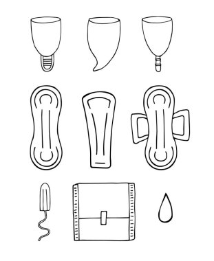 Kadın hijyen seti. Aylık dergilerin el çizimi karikatür koleksiyonu