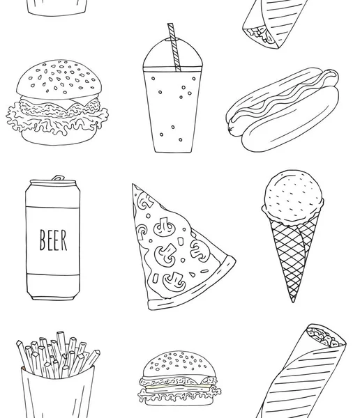 Vector Seamless Pattern Hand Drawn Doodle Sketch Fast Food Isolated — Stock Vector