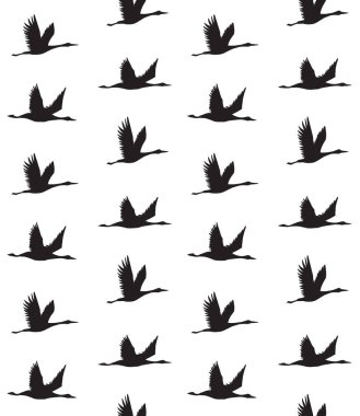 Beyaz arka planda izole edilmiş uçan vinç kuş silueti çizilmiş.