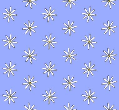 Mavi arkaplanda izole edilmiş beyaz elin vektörsüz deseni çizilmiş karalama çiçeği