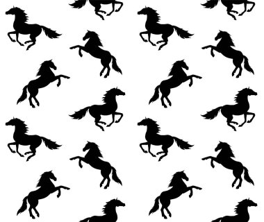Beyaz arka planda izole edilmiş, siyah koşu at siluetinden oluşan kusursuz at biniciliği deseni.