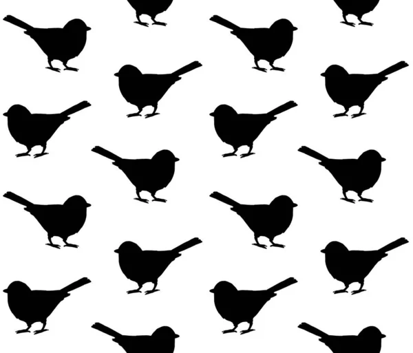 Vector Seamless Pattern Black Tit Bird Silhouette Isolated White Background — Stok Vektör