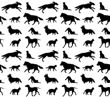 Beyaz arka planda izole edilmiş siyah kedi ve köpek siluetlerinin kusursuz deseni