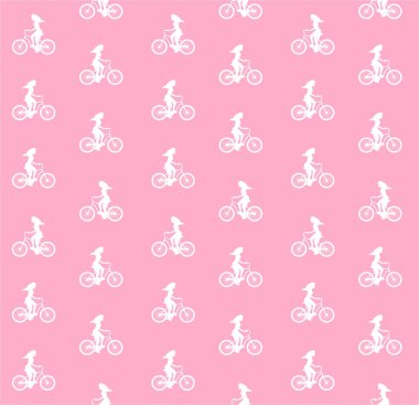 Pembe arka planda izole edilmiş bisiklet siluetine binen kusursuz beyaz kız deseni.
