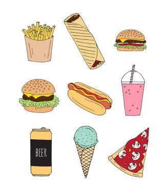 Renkli el çizimi vektör paketi beyaz arkaplanda izole edilmiş fast food çizimi