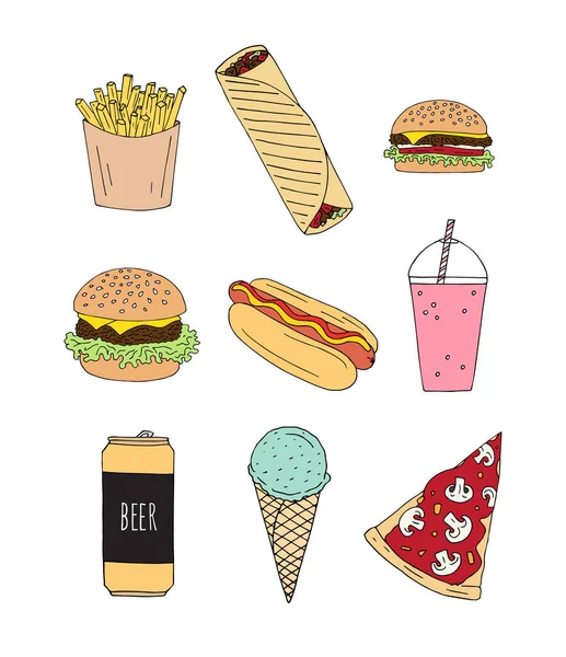Vector Set Bundle Colored Hand Drawn Doodle Sketch Fast Food — Stock Vector