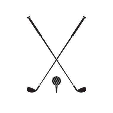 Düz siyah golf topu ve çapraz sopa beyaz arka planda izole