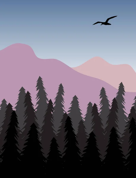Silhouette Oiseau Vecteur Isolée Sur Paysage Dessin Animé Plat Coloré — Image vectorielle