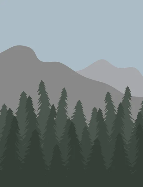 Paysage Dessin Animé Vectoriel Plat Avec Forêt Épinettes Montagnes — Image vectorielle