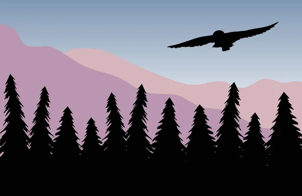 Vektorová sova na krajině se smrkem a horami — Stockový vektor