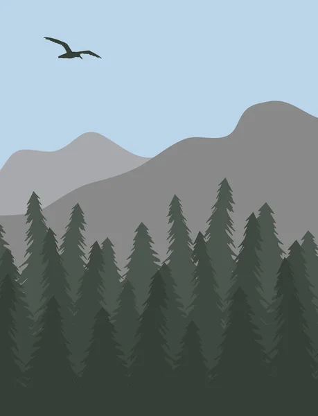 Vector bird on landscape with spruce and mountains — Stock Vector