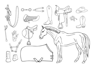 Vektör set el çizimi karalama at binicilik ekipmanları beyaz arka planda izole