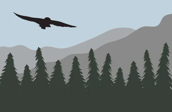 Illustration Vectorielle Une Silhouette Oiseau Volant Dessus Forêt — Image vectorielle