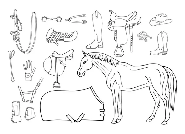 Ensemble Vectoriel Faisceau Croquis Gribouillis Dessinés Main Cheval Équipement Équestre — Image vectorielle