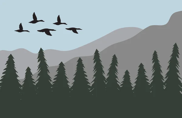 Illustration Vectorielle Une Silhouette Oiseaux Volant Dessus Forêt — Image vectorielle