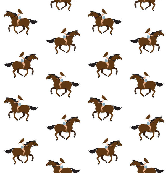 Vector seamless pattern of flat cartoon hand drawn girl riding bay horse bareback isolated on white background