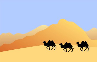Düz çöl kum manzarasında izole edilmiş vektör deve silueti.