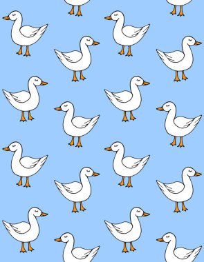 Beyaz elin vektör desensiz çizilmiş karalama ördeği mavi arkaplanda izole edilmiş.