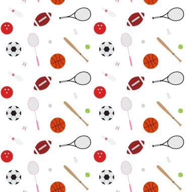 Beyaz arka planda izole edilmiş düz çizgi film spor ekipmanlarının vektörsüz deseni