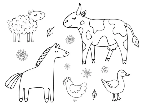 Vektorový Set Svazek Ručně Kreslené Čmáranice Farma Domácí Zvířata Izolované — Stockový vektor