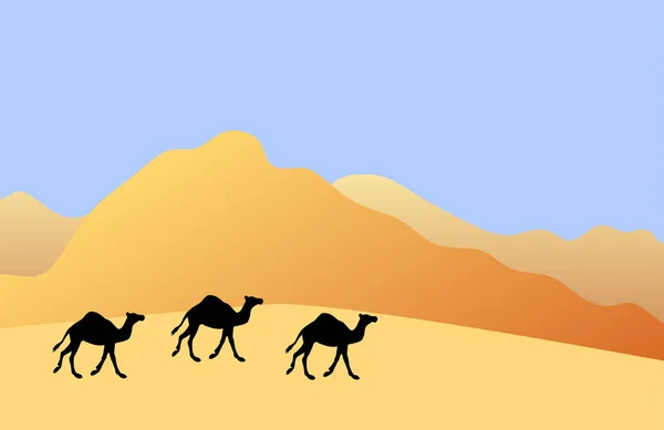 彩色平面卡通沙漠景观中孤立的矢量骆驼轮廓 — 图库矢量图片