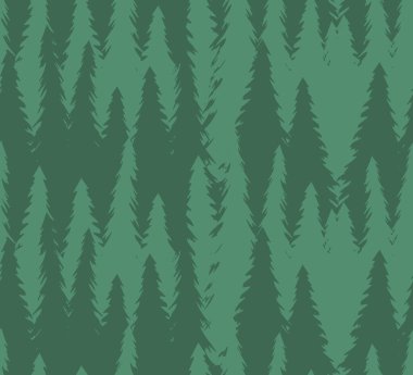 Arkaplanda yeşil renkli el çiziminin vektörsüz deseni izole edilmiş ladin ağacı ormanı.