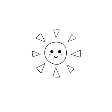 Vektör eliyle çizilmiş eskiz güneşi beyaz arka planda izole edilmiş.