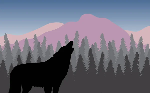 Silhouette Loup Hurlant Couleur Vectorielle Dans Paysage Plat Avec Forêt — Image vectorielle