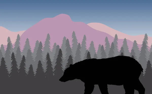 Silhouette Vectorielle Grizzli Noir Dans Paysage Plat Avec Forêt Épinettes — Image vectorielle