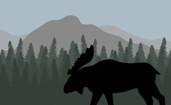 Vector Black Moose Silhouette Flat Colored Landscape Spruce Tree Forest — Stock Vector