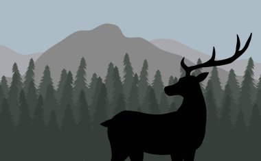 Dağ ormanları ve dağlarla düz arazide vektör geyik silueti