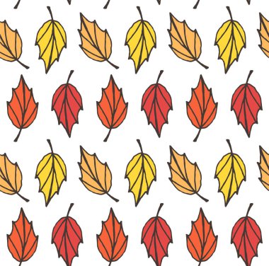 Farklı renk el çizimlerinin vektörsüz deseni beyaz arkaplanda izole sonbahar yaprakları.