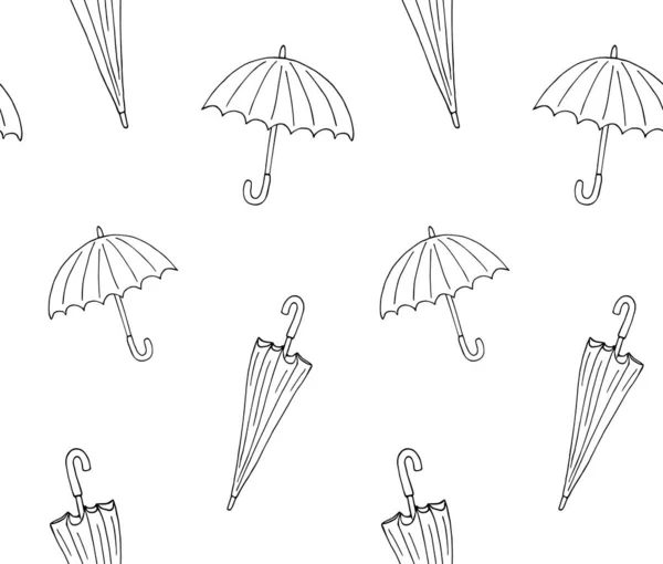白い背景に隔離された異なる手描きのドアスケッチ傘のベクトルシームレスパターン — ストックベクタ
