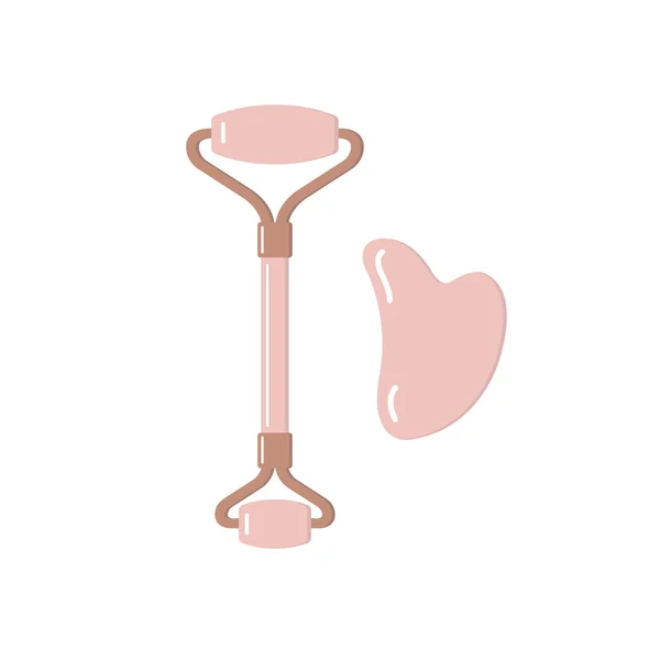 Vecteur Plat Rose Quartz Massage Rouleau Gua Sha Isolé Sur — Image vectorielle